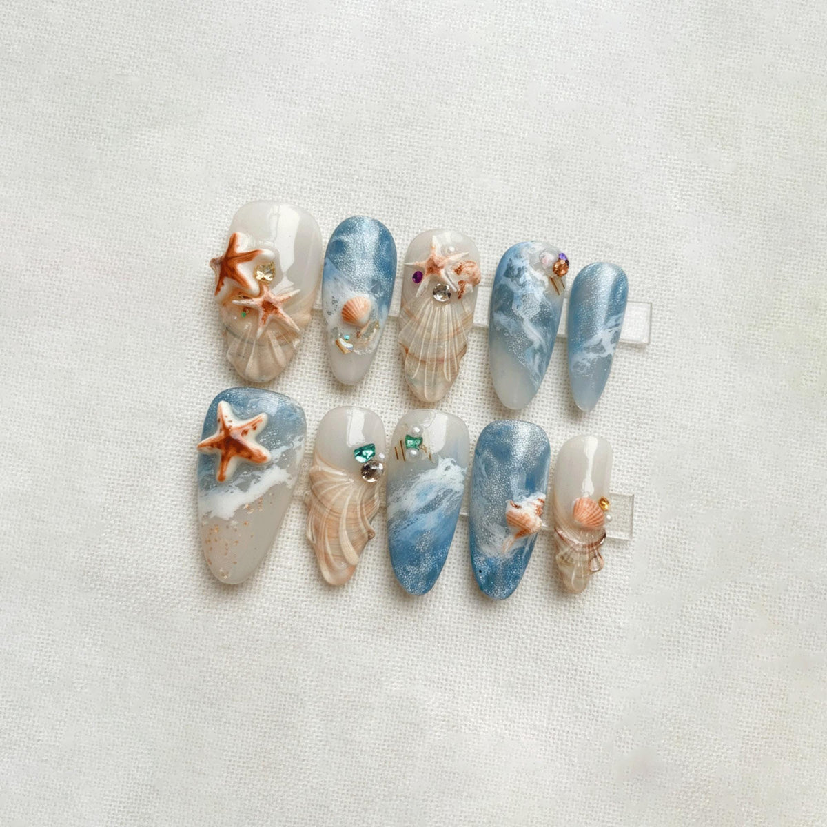 Summer Ocean Press On Nails, Mermaid Beach Nails, 3D Starfish Shell Nails, Coastal Aesthetic