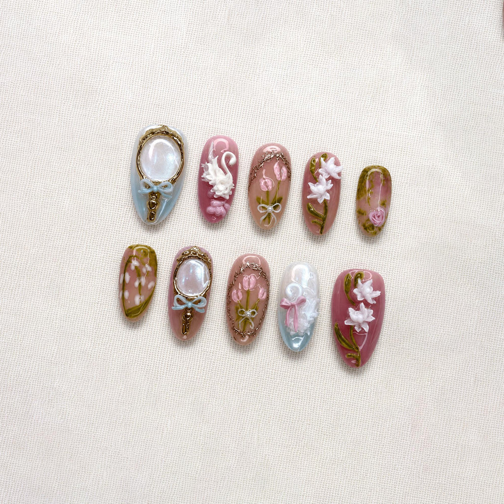 Coquette Floral Press On Nails, Feminine Pink Nail Set, Romantic Fairycore Nails, Handmade Press Ons