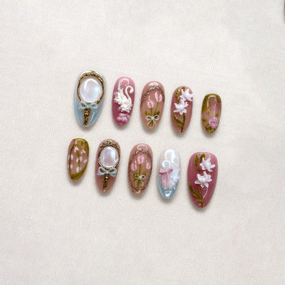 Coquette Floral Press On Nails, Feminine Pink Nail Set, Romantic Fairycore Nails, Handmade Press Ons