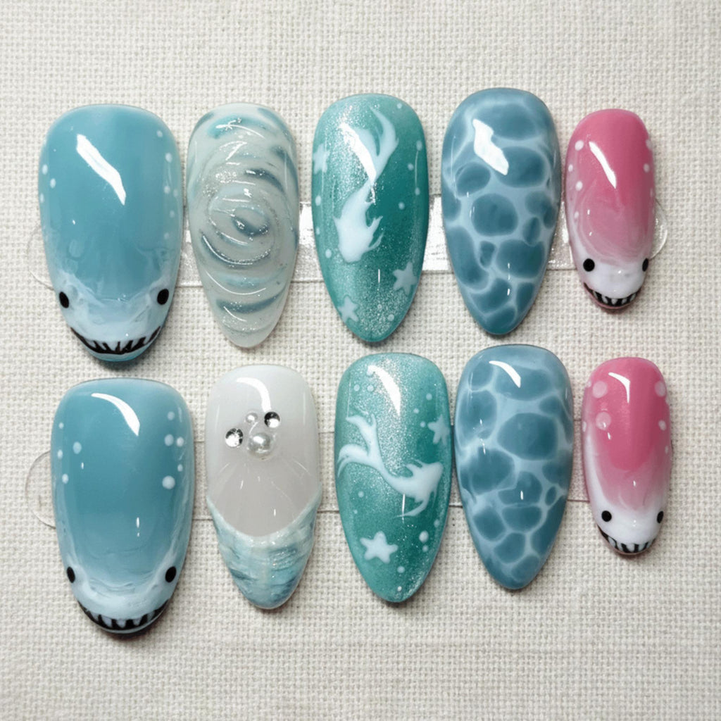 Cute Shark Press On Nails, Summer Beach Nail Art, Handmade Blue Ocean Nails