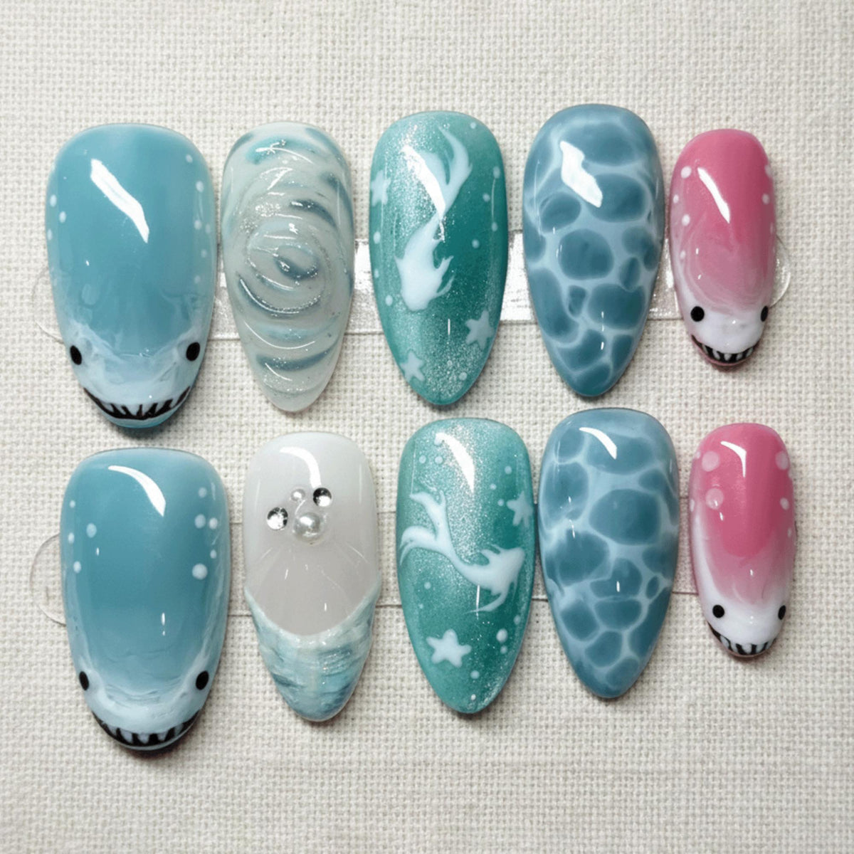 Cute Shark Press On Nails, Summer Beach Nail Art, Handmade Blue Ocean Nails