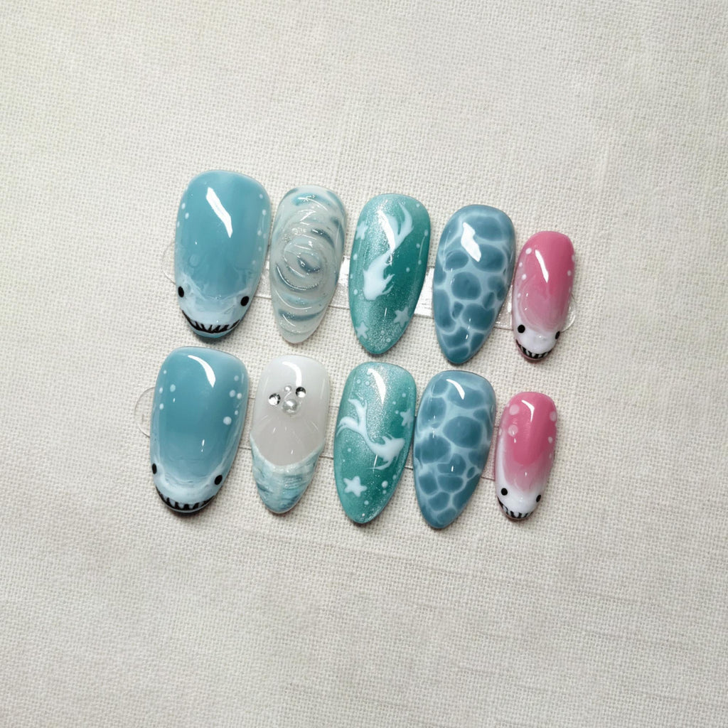 Cute Shark Press On Nails, Summer Beach Nail Art, Handmade Blue Ocean Nails