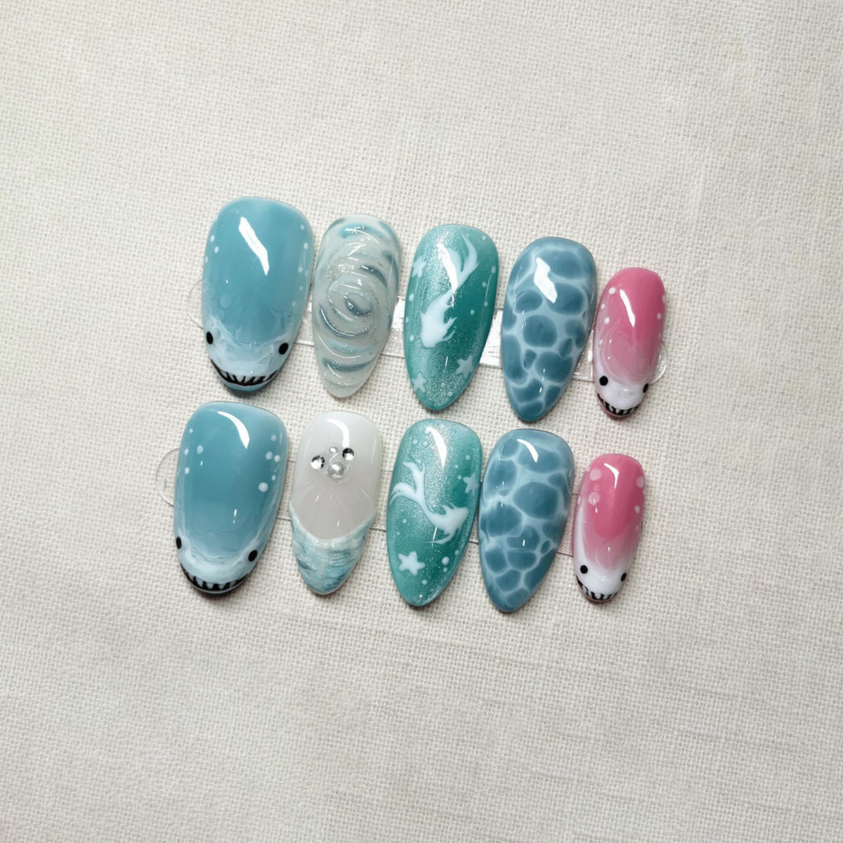 Cute Shark Press On Nails, Summer Beach Nail Art, Handmade Blue Ocean Nails