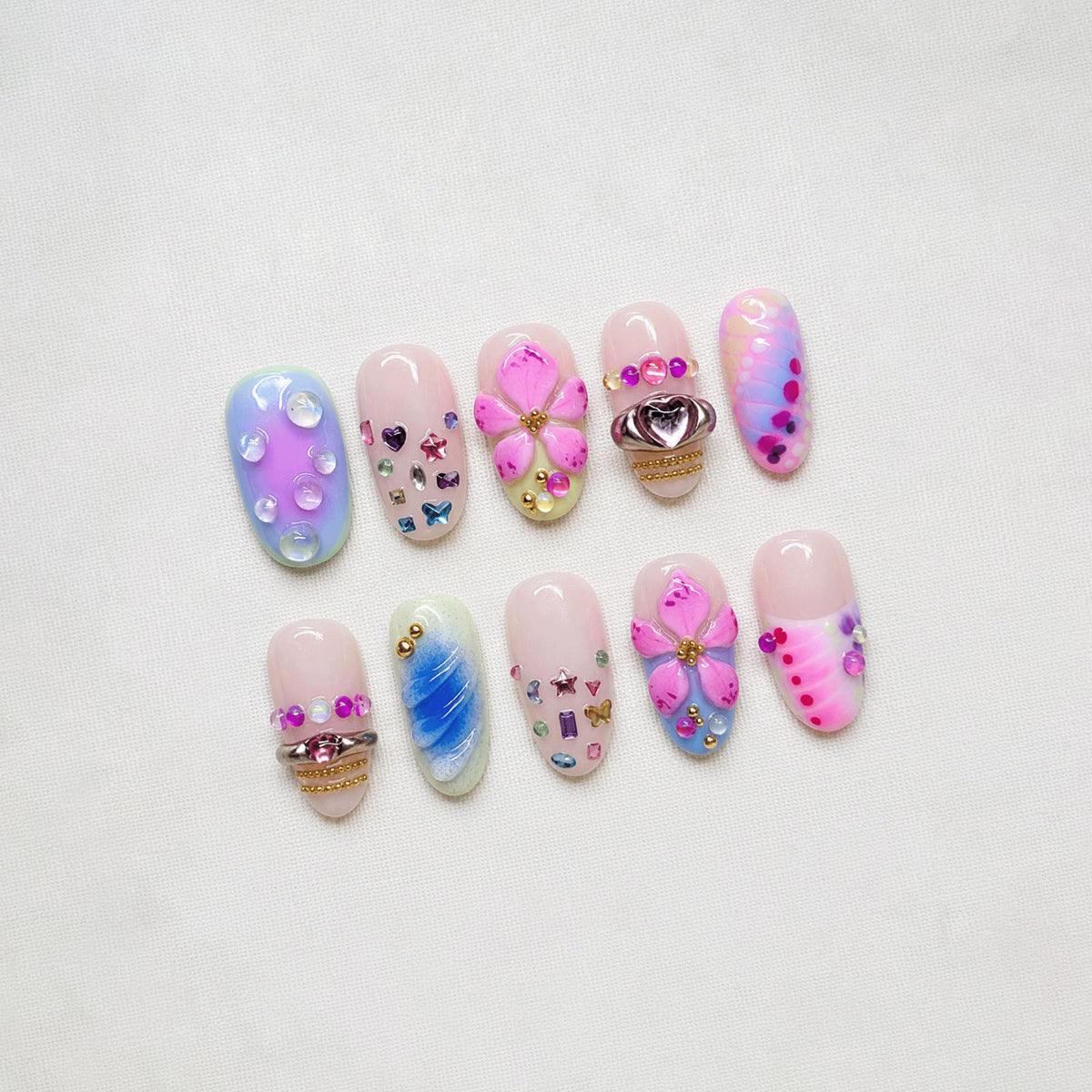 Pastel Blossom Press On Nails, Kawaii Crystal Gem Nails, Handmade Floral Nail Set, Cute Summer Nails