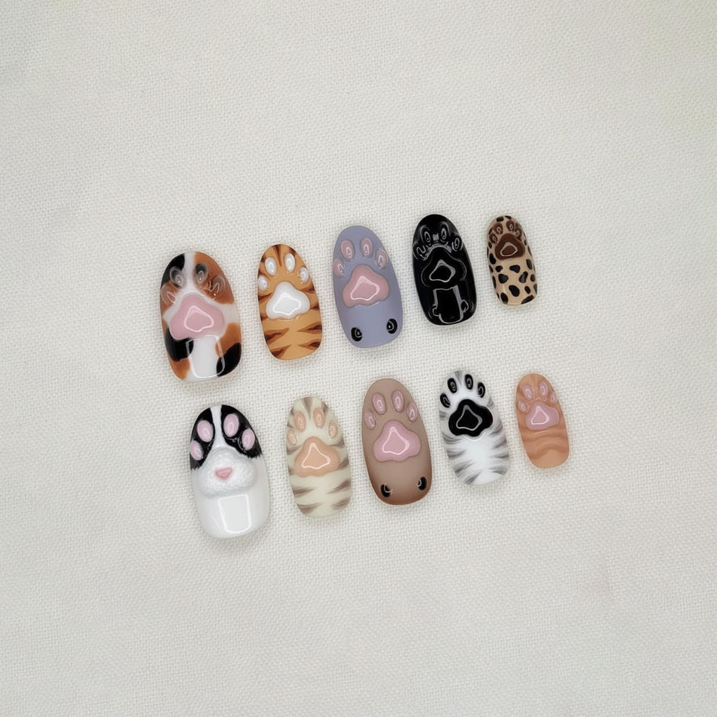 Cat Paw Press On Nails, Kawaii Animal Nails, 3D Paw Print Nails, Cute Mixed Cat Design, Handmade Japanese Fake Nails