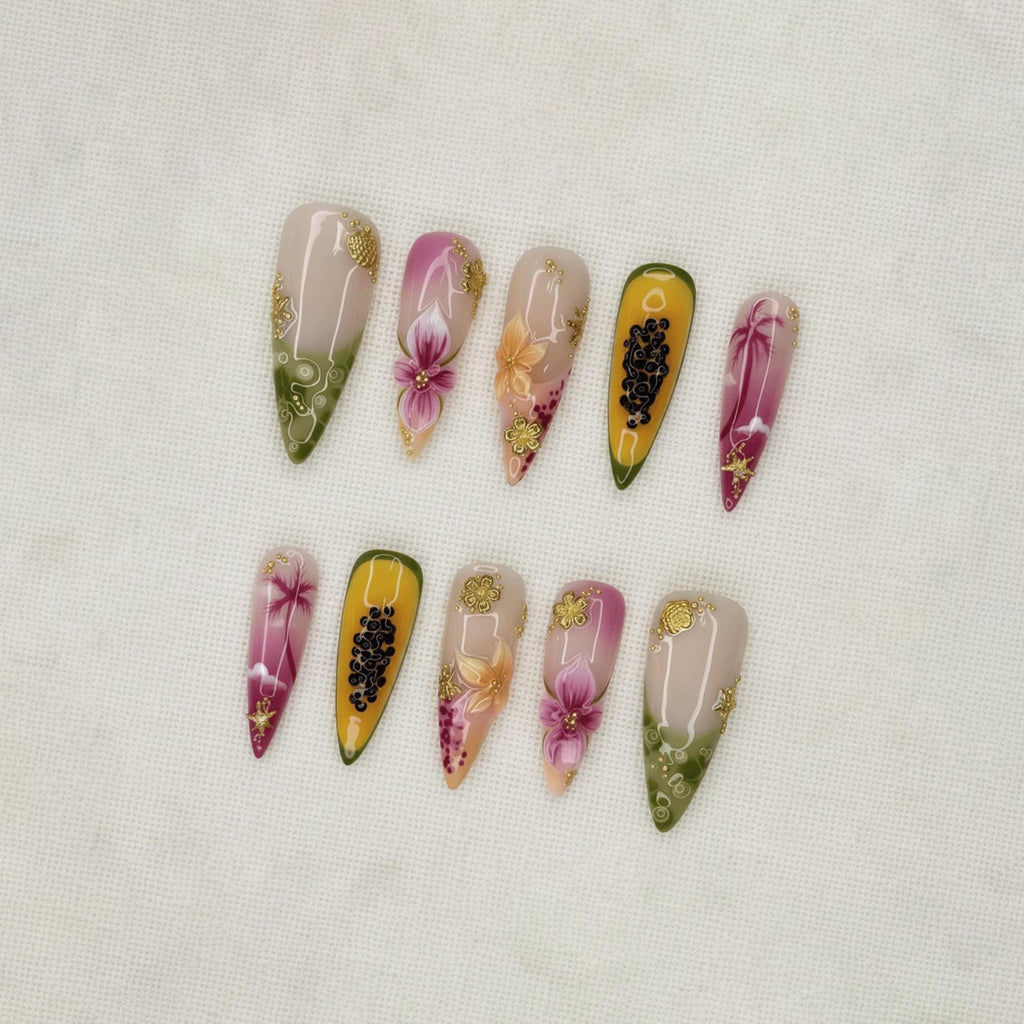 Tropical Fruit Press On Nails, Papaya Nail Set, Hibiscus Flower Nails, Summer Vacation Nails, Handmade Long Nails