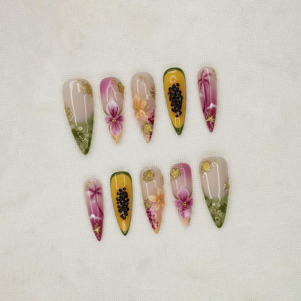 Tropical Fruit Press On Nails, Papaya Nail Set, Hibiscus Flower Nails, Summer Vacation Nails, Handmade Long Nails