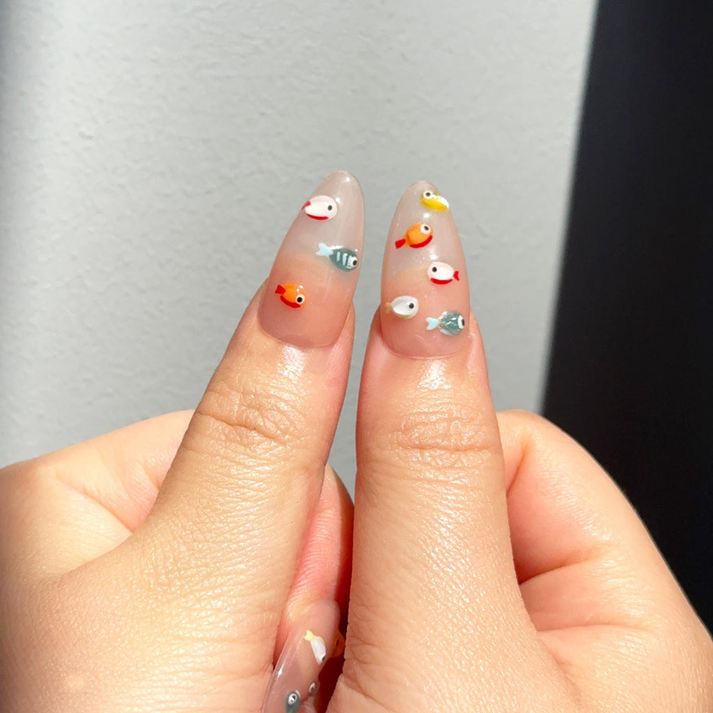 3D Fish Press On Nails | Cute Aquarium Almond Nails | Handpainted Ocean Jelly Fake Nails | Summer Beach Vacation Reusable Nails Gift|JB400LK