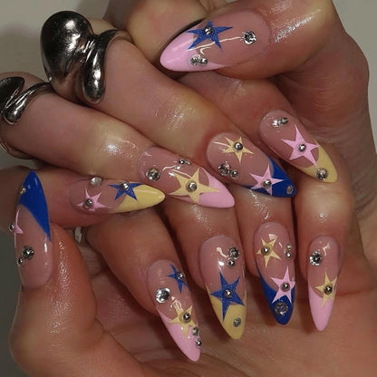 Y2K Star Press On Nails, Pink Blue Fake Nails, Retro Star Nails, Kawaii Chrome Nails