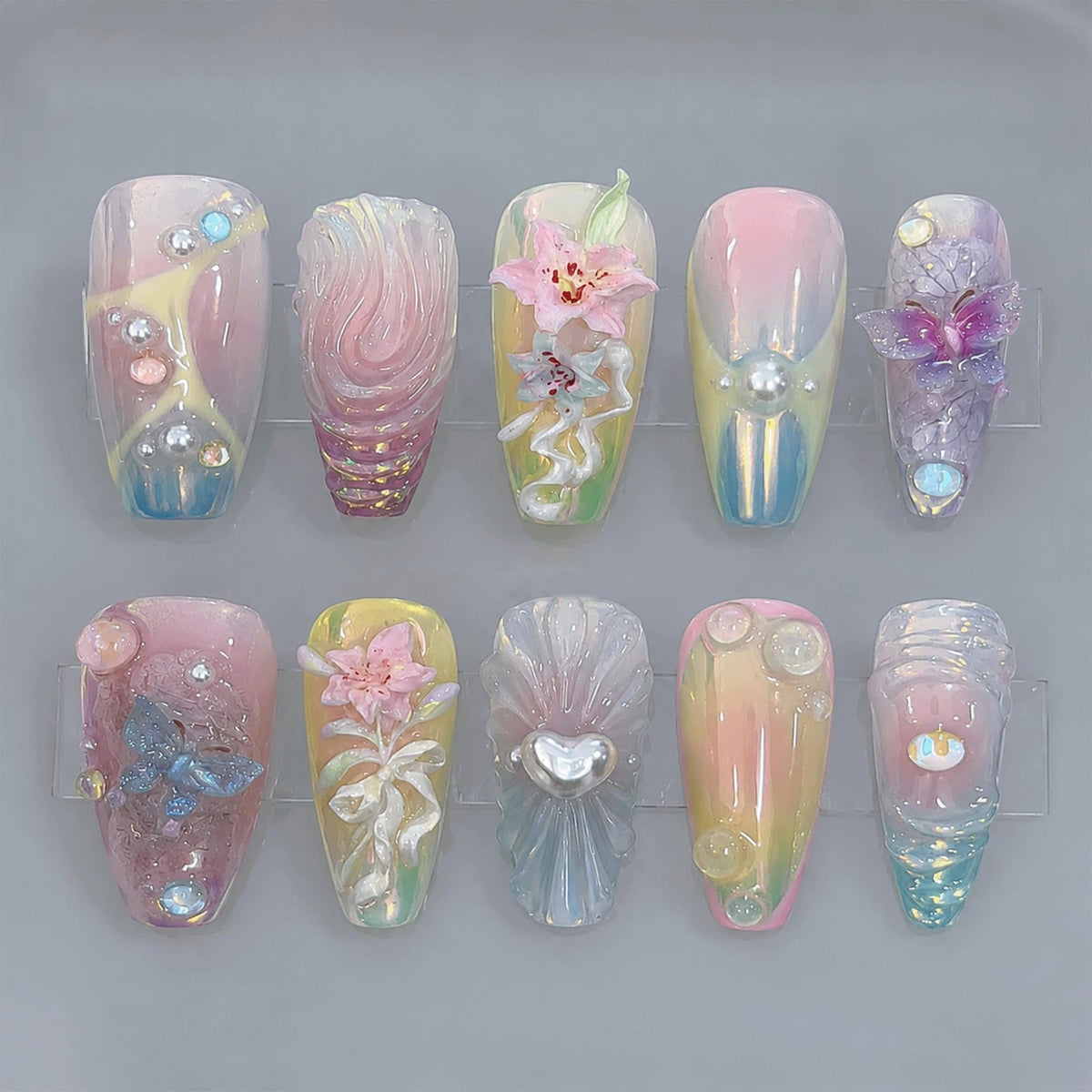 Fairycore Mermaid Press On Nails, 3D Summer Floral Nails, Ocean Fantasy Nail Art, Handmade Pastel Chrome Nail Set