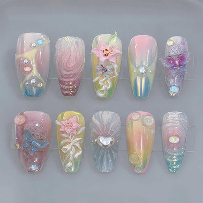Fairycore Mermaid Press On Nails, 3D Summer Floral Nails, Ocean Fantasy Nail Art, Handmade Pastel Chrome Nail Set