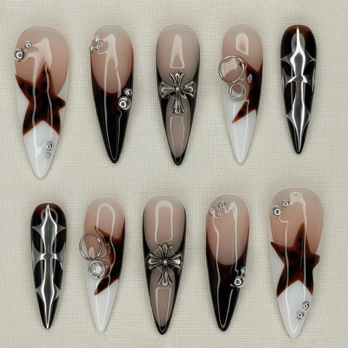 Cyber Gothic Press On Nails, Star Y2K Alt Nails, Chrome Cross Nails, Grunge Tortoise Nail Designs, Edgy French Tip Fake Nails