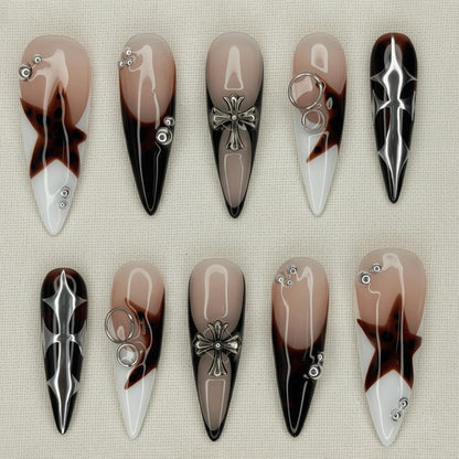 Cyber Gothic Press On Nails, Star Y2K Alt Nails, Chrome Cross Nails, Grunge Tortoise Nail Designs, Edgy French Tip Fake Nails
