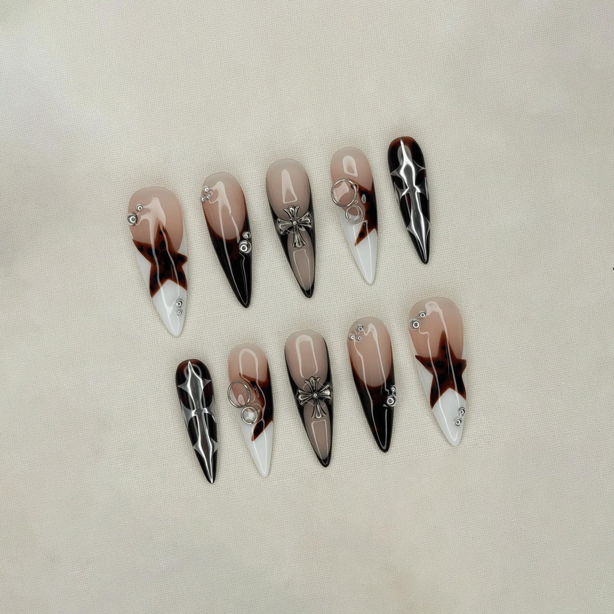 Cyber Gothic Press On Nails, Star Y2K Alt Nails, Chrome Cross Nails, Grunge Tortoise Nail Designs, Edgy French Tip Fake Nails