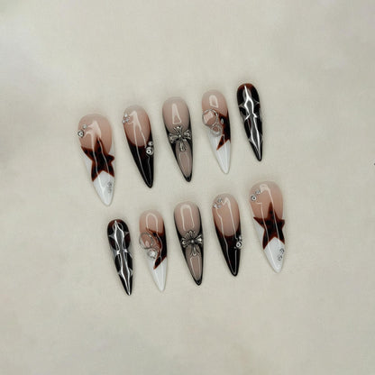 Cyber Gothic Press On Nails, Star Y2K Alt Nails, Chrome Cross Nails, Grunge Tortoise Nail Designs, Edgy French Tip Fake Nails