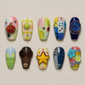 Cute Kawaii Press On Nails, 3D Button Nails, Funky Patchwork Nail Set, Colorful Retro Nail Art, Birthday Nails