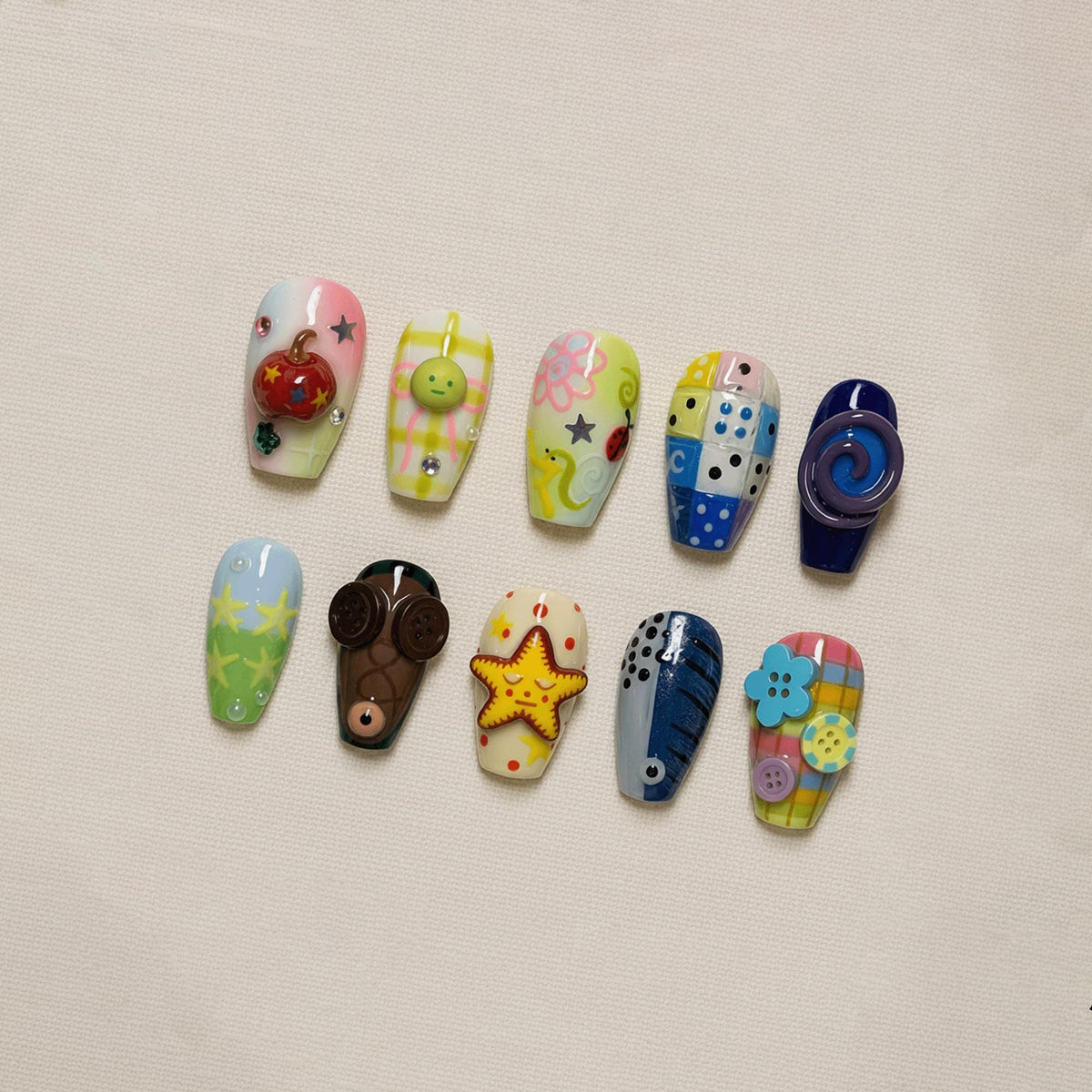 Cute Kawaii Press On Nails, 3D Button Nails, Funky Patchwork Nail Set, Colorful Retro Nail Art, Birthday Nails