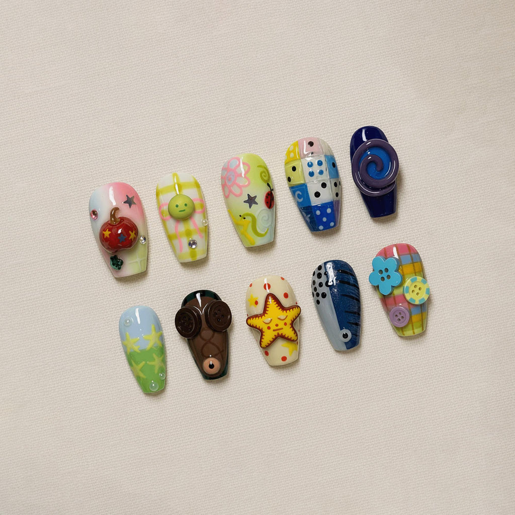 Cute Kawaii Press On Nails, 3D Button Nails, Funky Patchwork Nail Set, Colorful Retro Nail Art, Birthday Nails