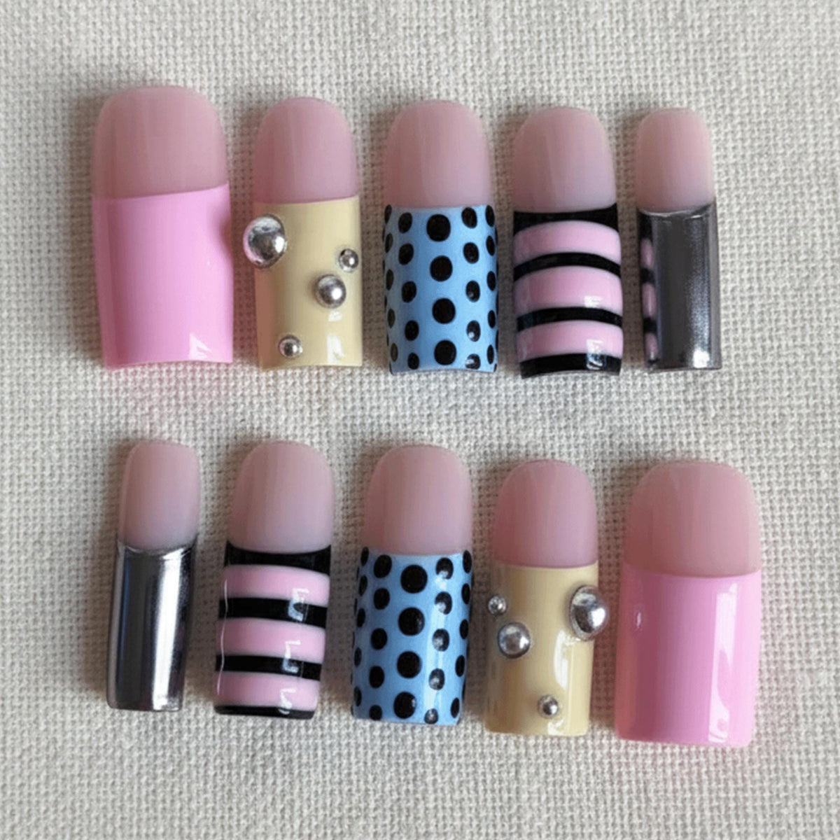 Retro Pop Art Press On Nails, Y2K Polka Dot Nails, Color Block Pink Blue Nails, Funky Handmade Gel Nail Set
