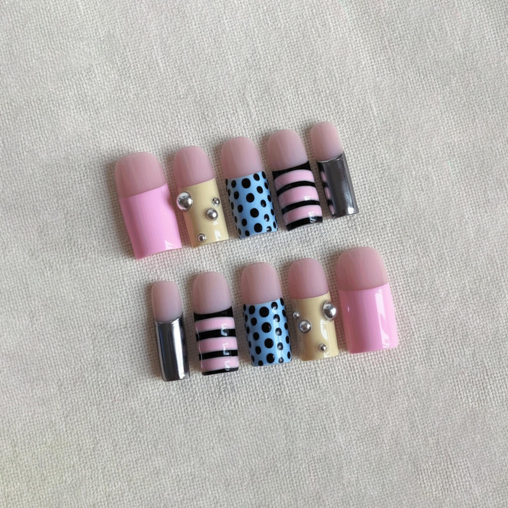 Retro Pop Art Press On Nails, Y2K Polka Dot Nails, Color Block Pink Blue Nails, Funky Handmade Gel Nail Set