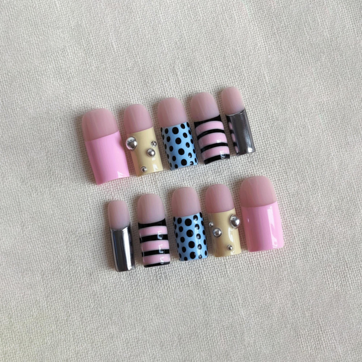 Retro Pop Art Press On Nails, Y2K Polka Dot Nails, Color Block Pink Blue Nails, Funky Handmade Gel Nail Set