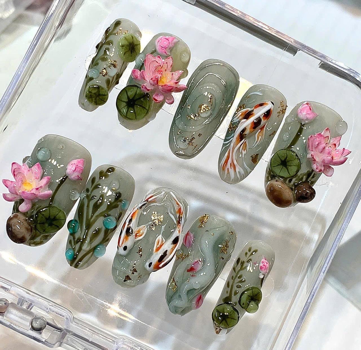 Koi Fish Lotus Press On Nails, Japanese Pond Set, 3D Sage Green Luxury Nails