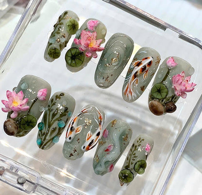 Koi Fish Lotus Press On Nails, Japanese Pond Set, 3D Sage Green Luxury Nails