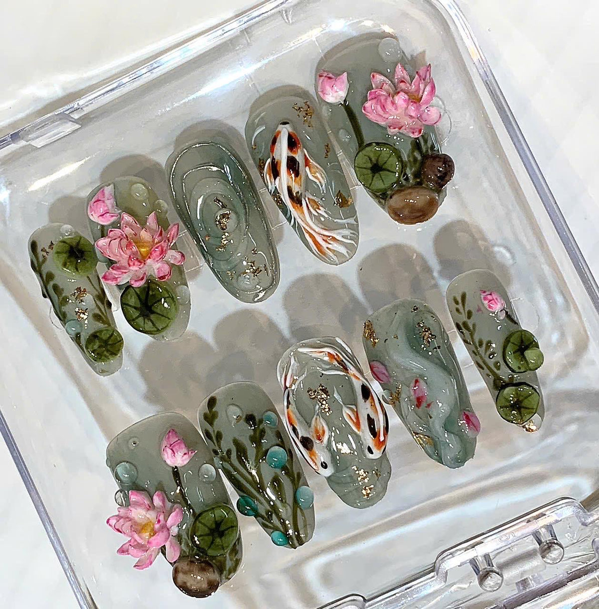 Koi Fish Lotus Press On Nails, Japanese Pond Set, 3D Sage Green Luxury Nails