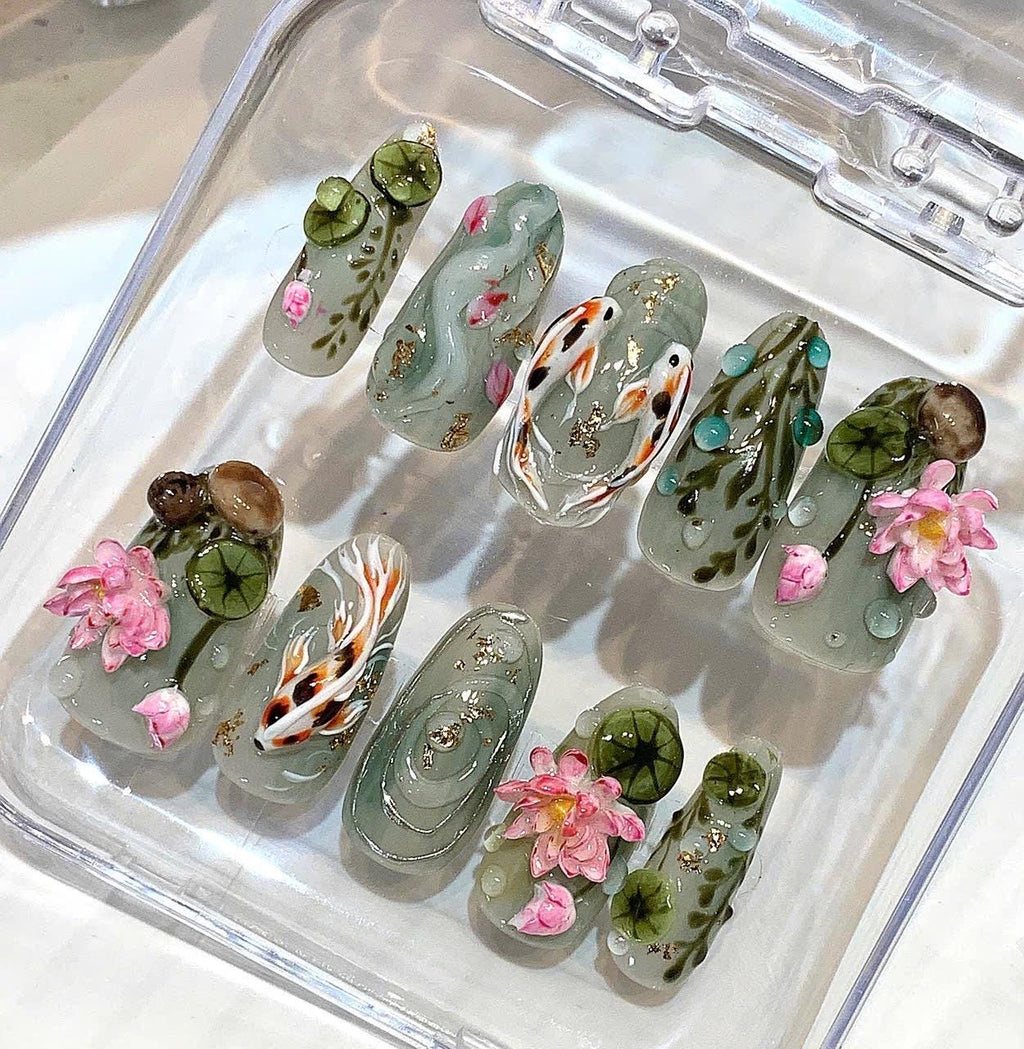 Koi Fish Lotus Press On Nails, Japanese Pond Set, 3D Sage Green Luxury Nails
