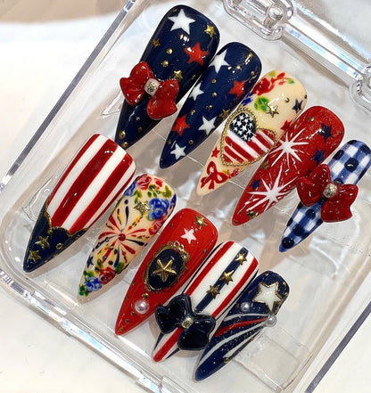 Patriotic Press On Nails, American Flag Star Bow Set