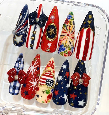 Patriotic Press On Nails, American Flag Star Bow Set