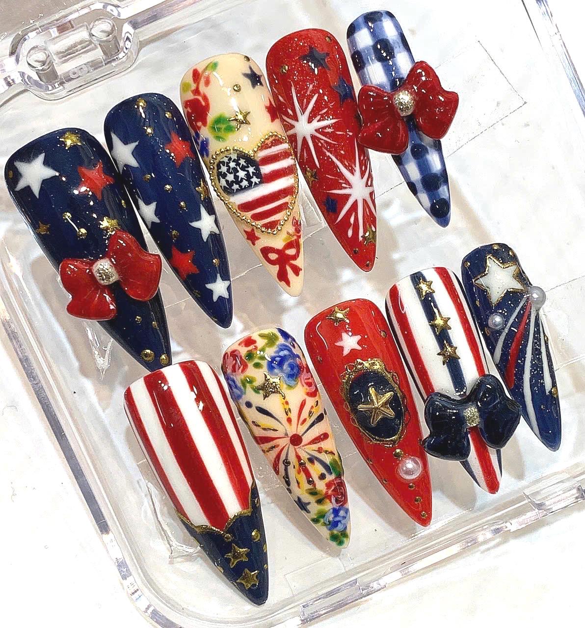 Patriotic Press On Nails, American Flag Star Bow Set