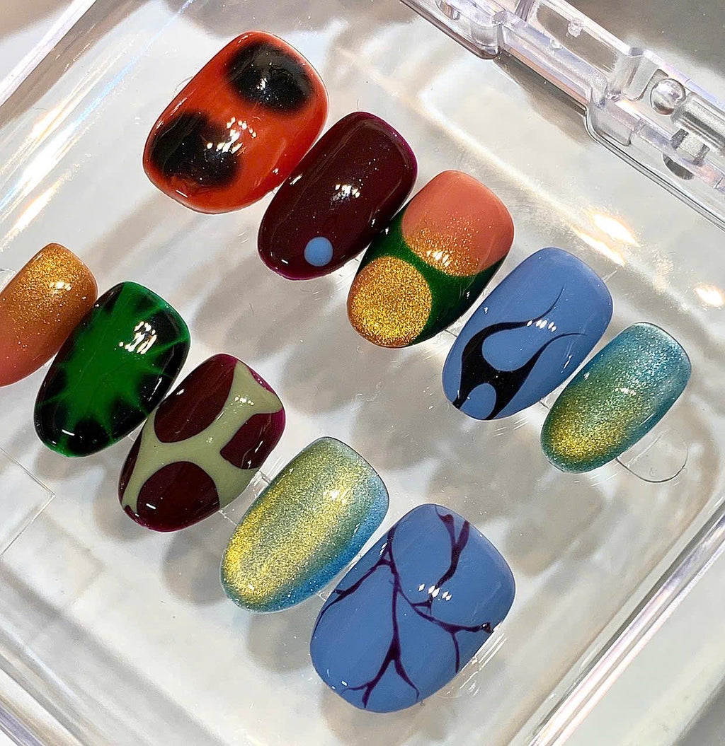 Abstract Retro Press On Nails, Aura Airbrush Color Block Set, Y2K Artistic Glossy Gel