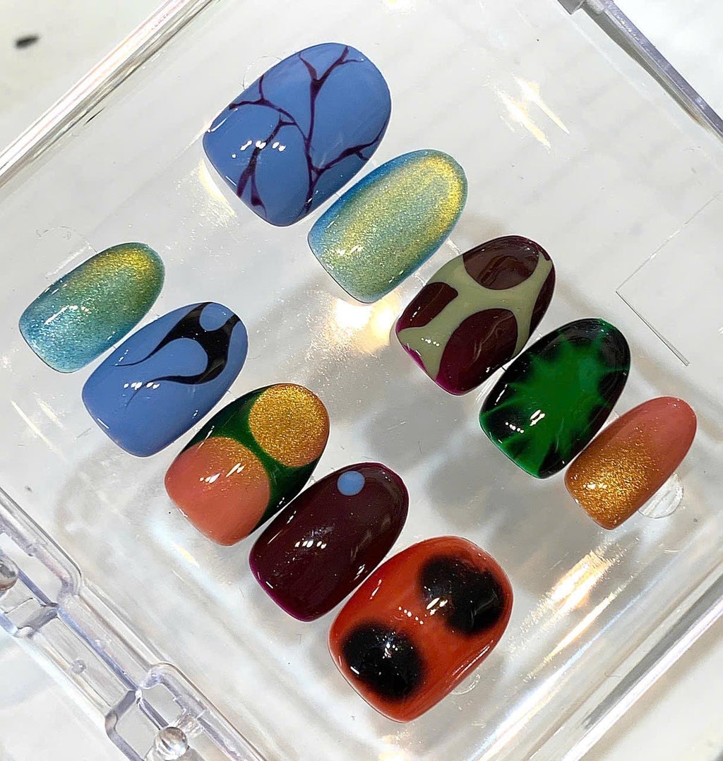 Abstract Retro Press On Nails, Aura Airbrush Color Block Set, Y2K Artistic Glossy Gel