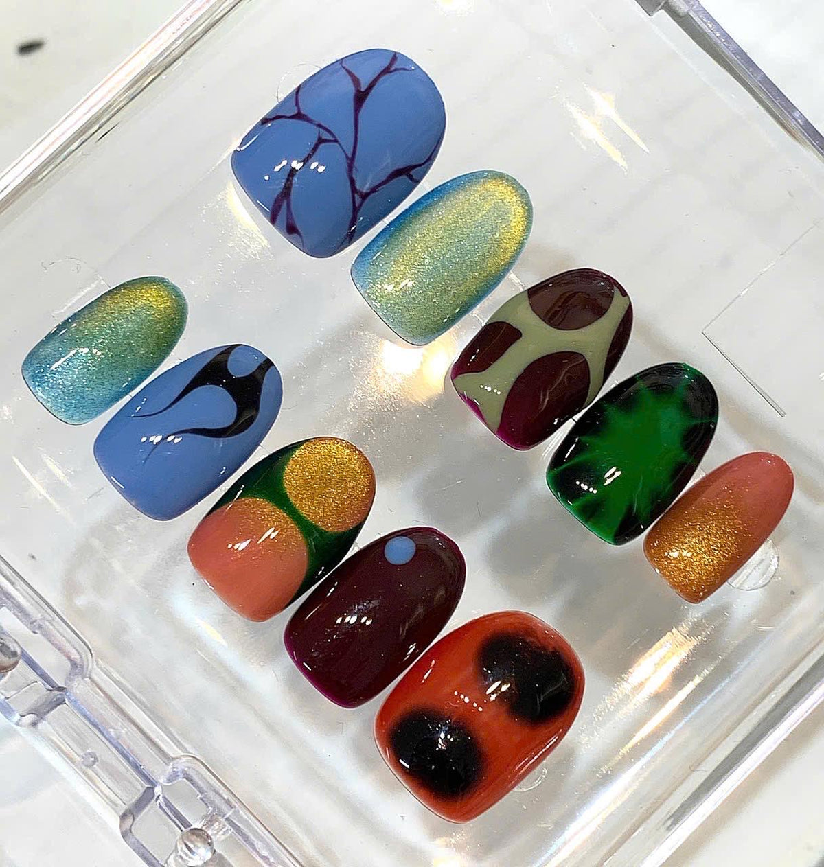 Abstract Retro Press On Nails, Aura Airbrush Color Block Set, Y2K Artistic Glossy Gel