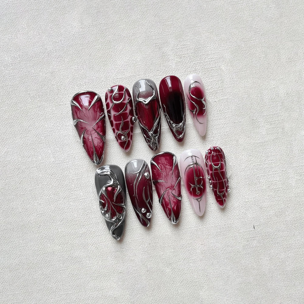 Dark Red Gothic Press On Nails, Chrome Silver Aura Nails, Y2K Cyber Nail Art, Handmade Metallic Nail Set, Grunge Nails
