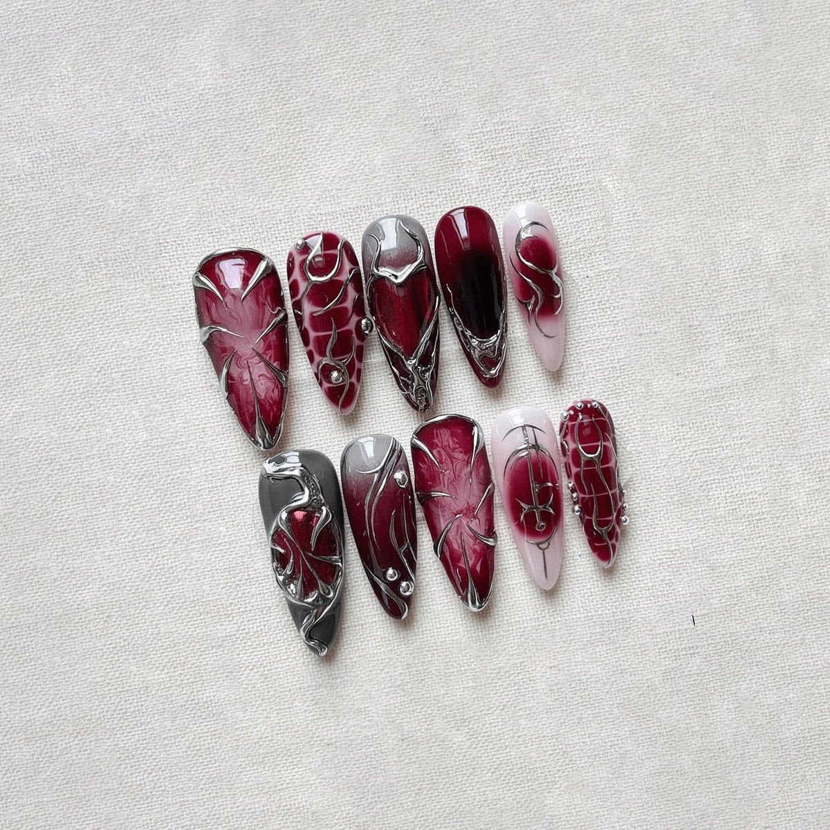 Dark Red Gothic Press On Nails, Chrome Silver Aura Nails, Y2K Cyber Nail Art, Handmade Metallic Nail Set, Grunge Nails