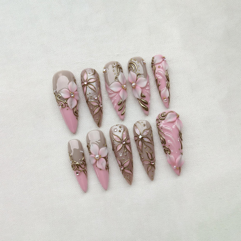 3D Flower Press On Nails, Pink Chrome Floral Nails, Fairycore Princess Nail Art, Handmade Elegant Stiletto Nails