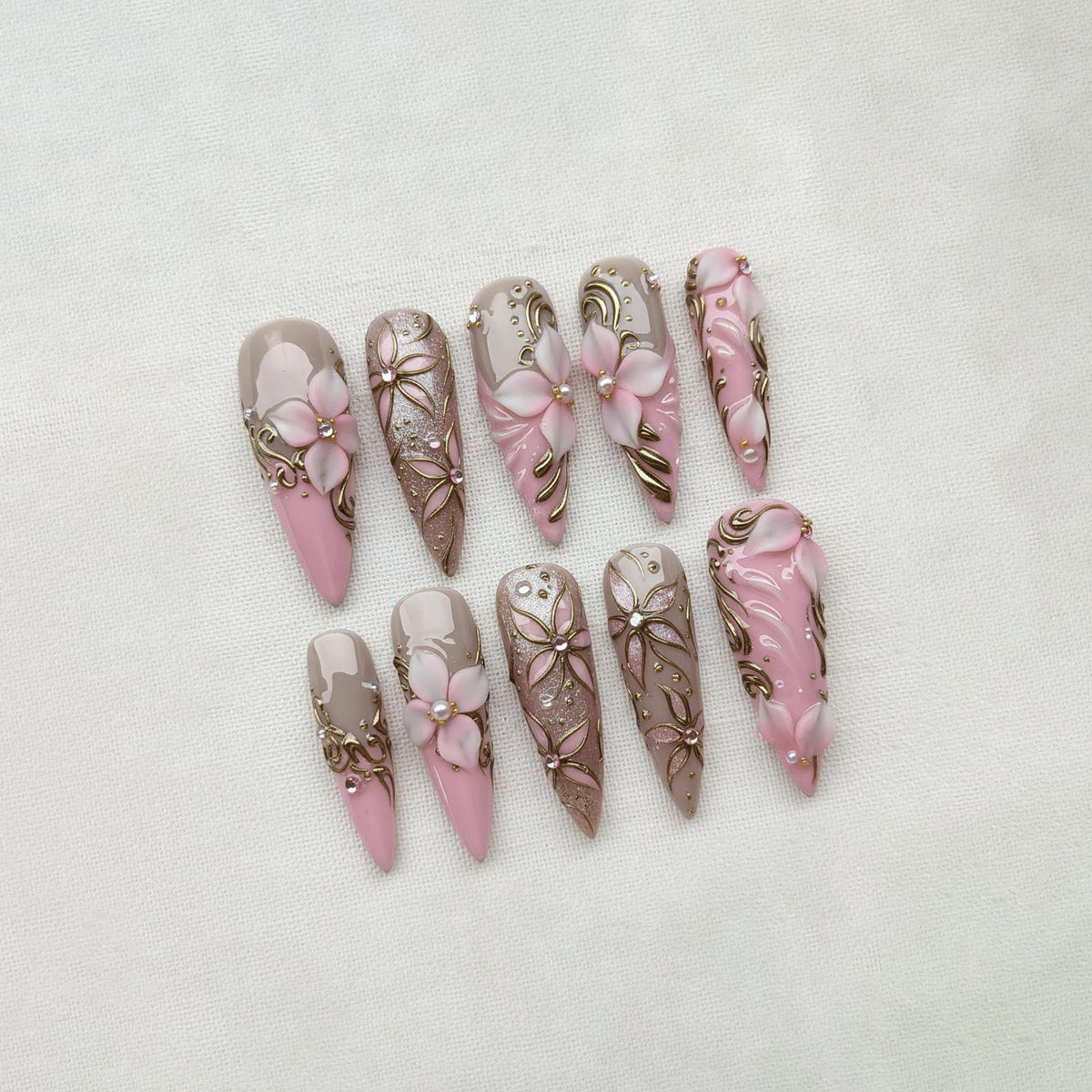 3D Flower Press On Nails, Pink Chrome Floral Nails, Fairycore Princess Nail Art, Handmade Elegant Stiletto Nails