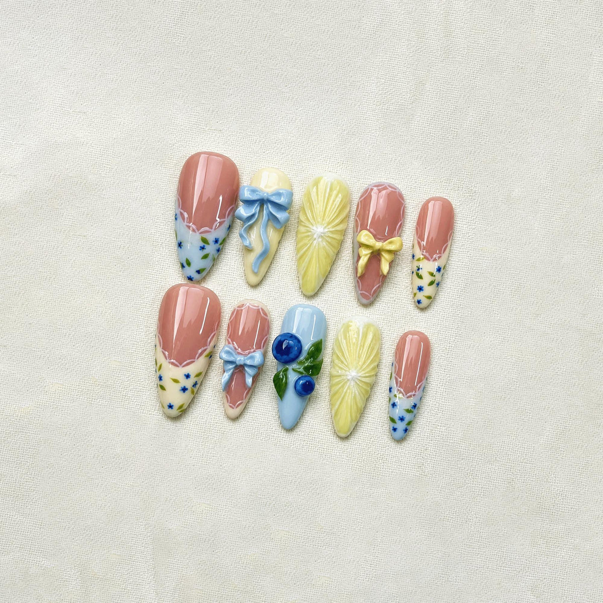 3D Fruit Summer Press On Nails, Blueberry Lemon Nail Art, Handmade Pastel Coquette Nails