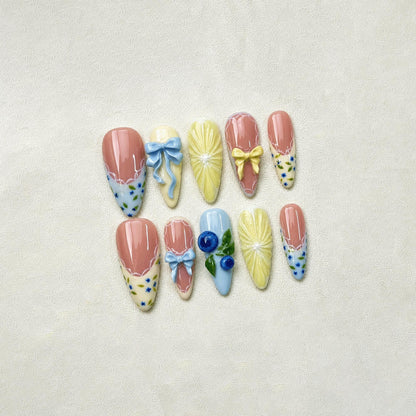 3D Fruit Summer Press On Nails, Blueberry Lemon Nail Art, Handmade Pastel Coquette Nails