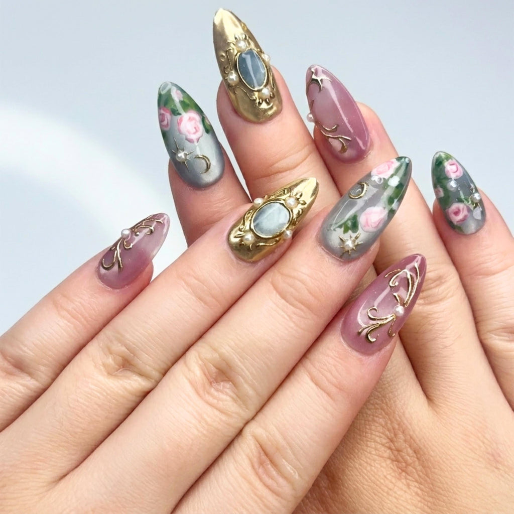 Vintage Rose Press On Nails | Luxury Rococo Almond Nails | Handpainted Pearl Floral Gold Frame Fake Nails | JB403LK