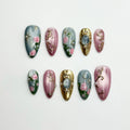 Vintage Rose Press On Nails | Luxury Rococo Almond Nails | Handpainted Pearl Floral Gold Frame Fake Nails | JB403LK