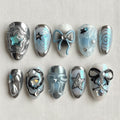Blue Chrome Star Press On Nails, Cyber Y2K Nails, Silver Swirl Bow Nails, Kawaii Gel Nails, Handmade Reusable Nails