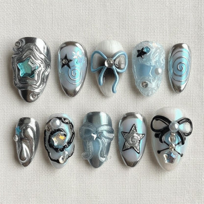 Blue Chrome Star Press On Nails, Cyber Y2K Nails, Silver Swirl Bow Nails, Kawaii Gel Nails, Handmade Reusable Nails