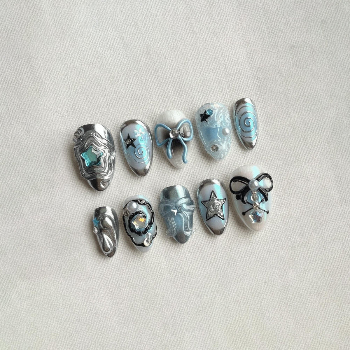 Blue Chrome Star Press On Nails, Cyber Y2K Nails, Silver Swirl Bow Nails, Kawaii Gel Nails, Handmade Reusable Nails
