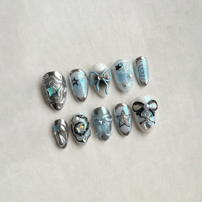 Blue Chrome Star Press On Nails, Cyber Y2K Nails, Silver Swirl Bow Nails, Kawaii Gel Nails, Handmade Reusable Nails