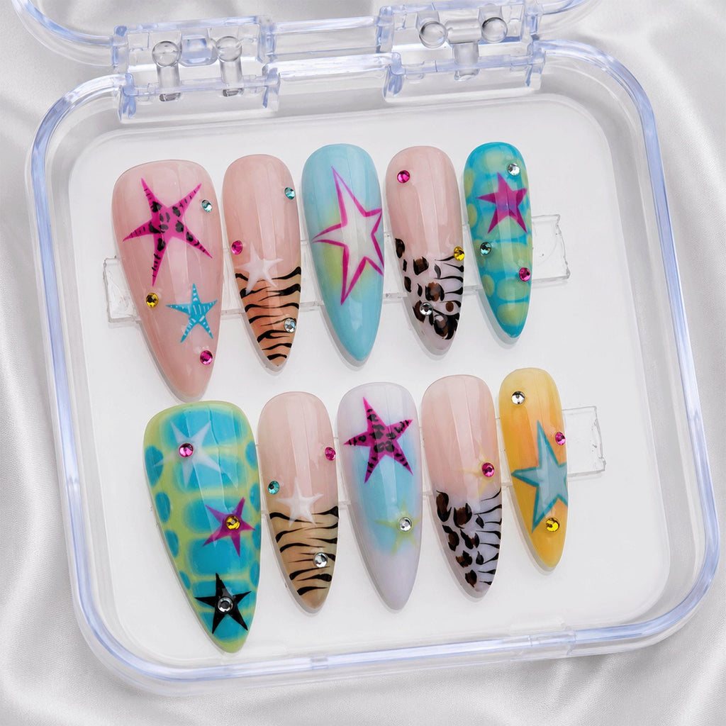 Y2K Summer Press On Nails, Colorful Star Nails, Handmade Funky Nail Art, Leopard Print Nails, Trendy Holiday Nail Set