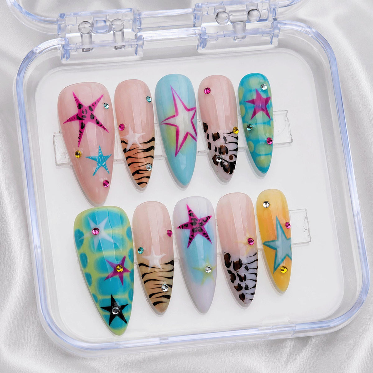 Y2K Summer Press On Nails, Colorful Star Nails, Handmade Funky Nail Art, Leopard Print Nails, Trendy Holiday Nail Set