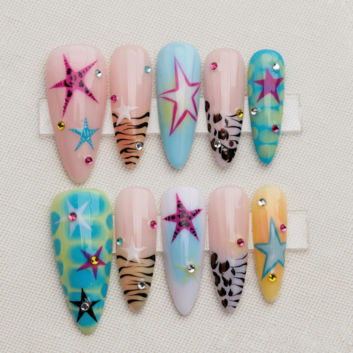 Y2K Summer Press On Nails, Colorful Star Nails, Handmade Funky Nail Art, Leopard Print Nails, Trendy Holiday Nail Set